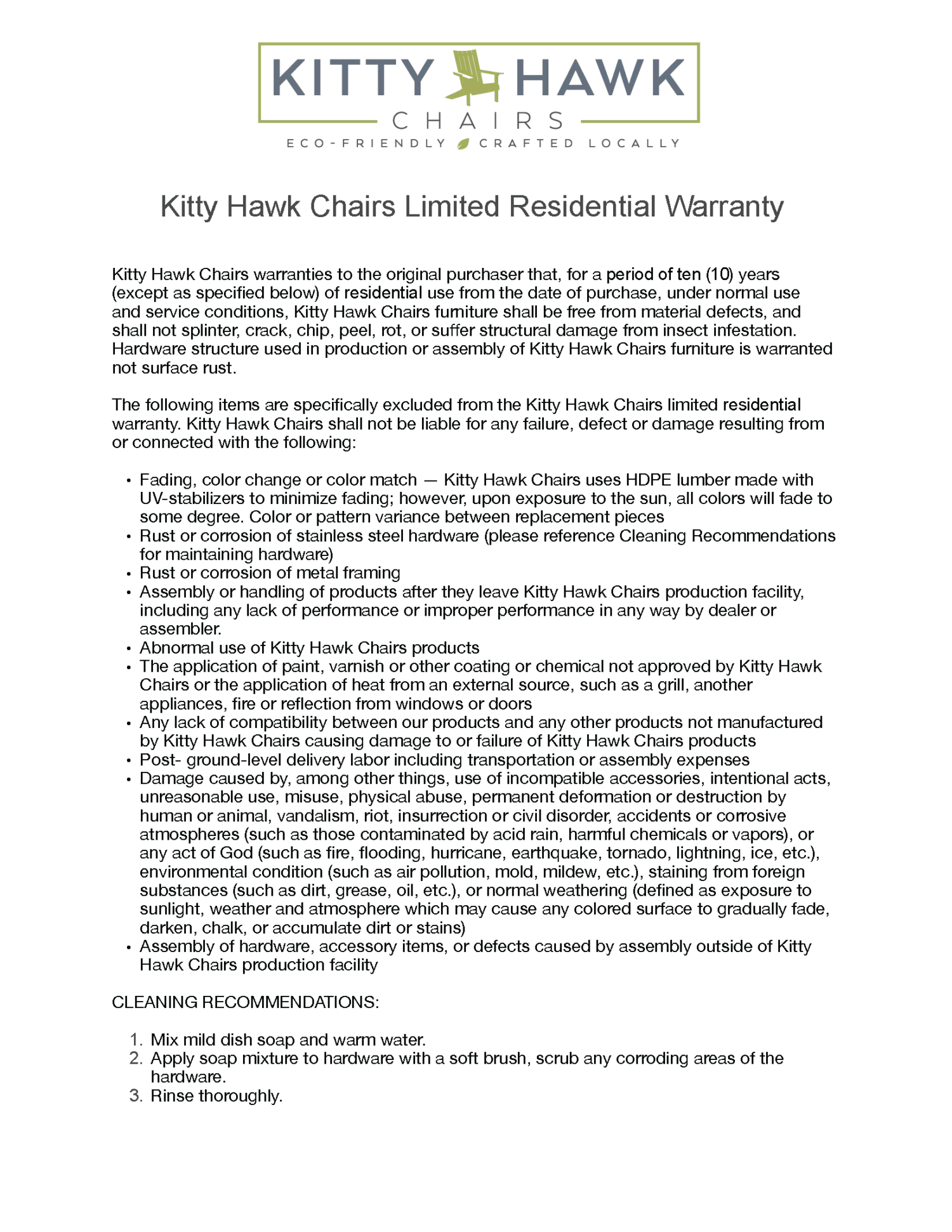 Residential Warranty KITTY HAWK CHAIRS